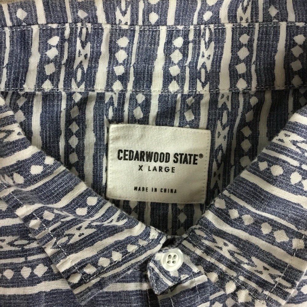 Cedarwood State Men XL Blue White Geometric Striped Short Sleeve Button Up Shirt
